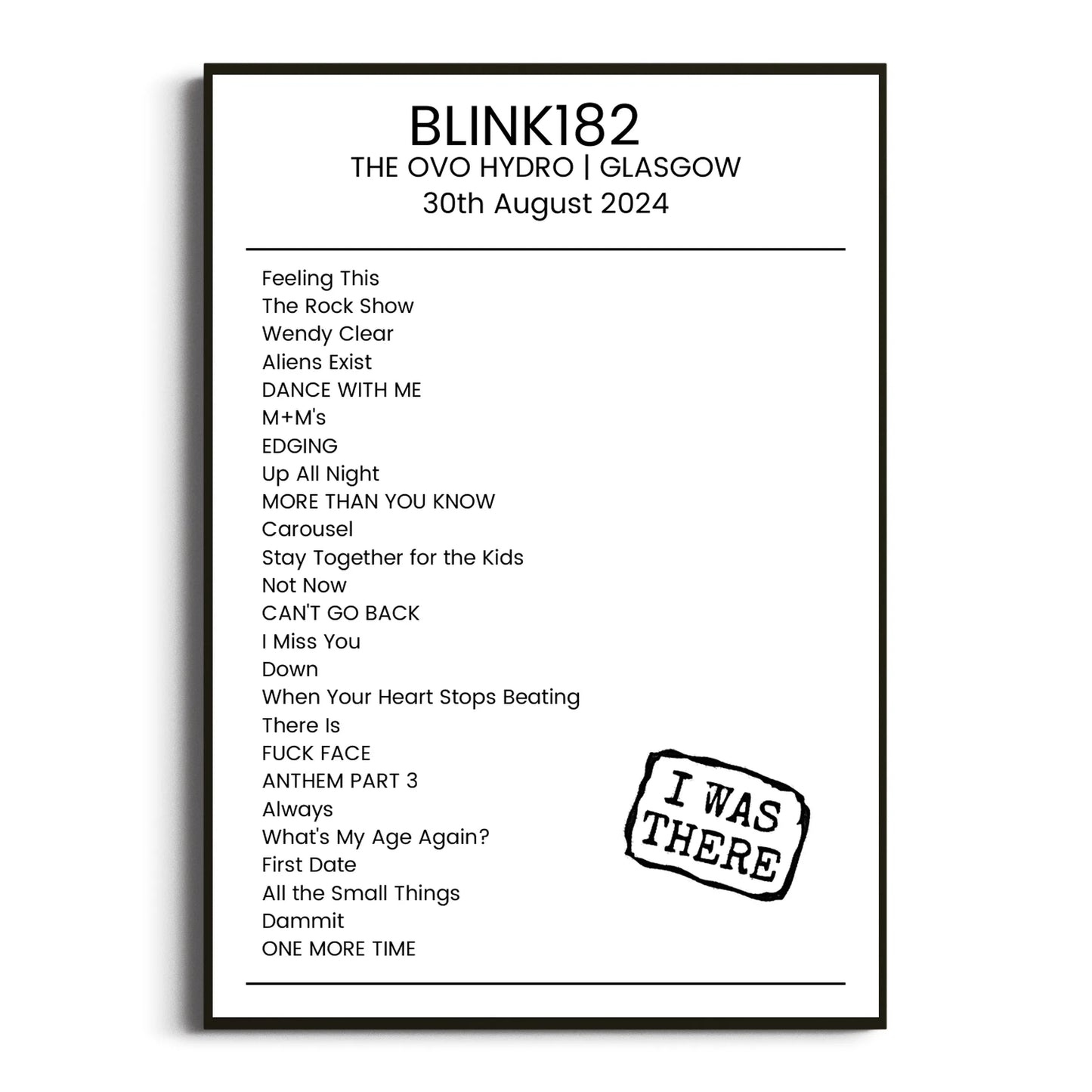 blink‐182 Glasgow 30 August 2024 Setlist Poster