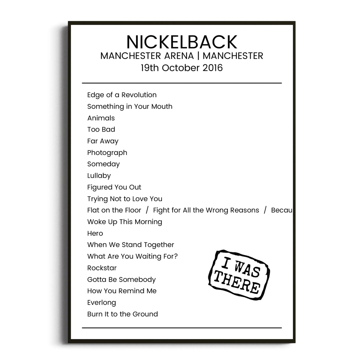 Nickelback Manchester 19 October 2016 Setlist Poster