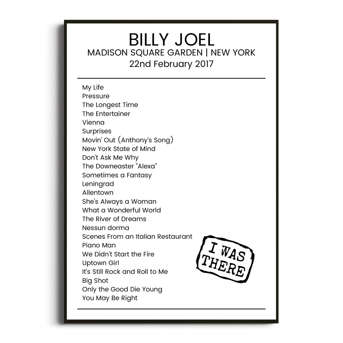 Billy Joel New York 22 February 2017 Setlist Poster