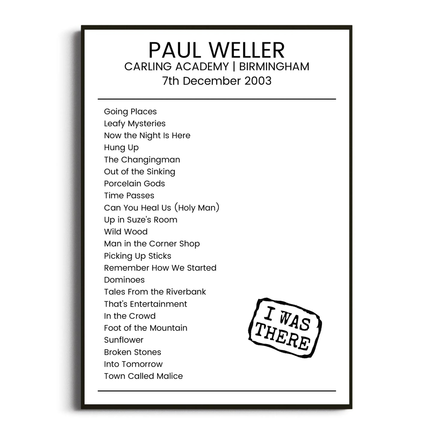 Paul Weller Birmingham 07 December 2003 Setlist Poster