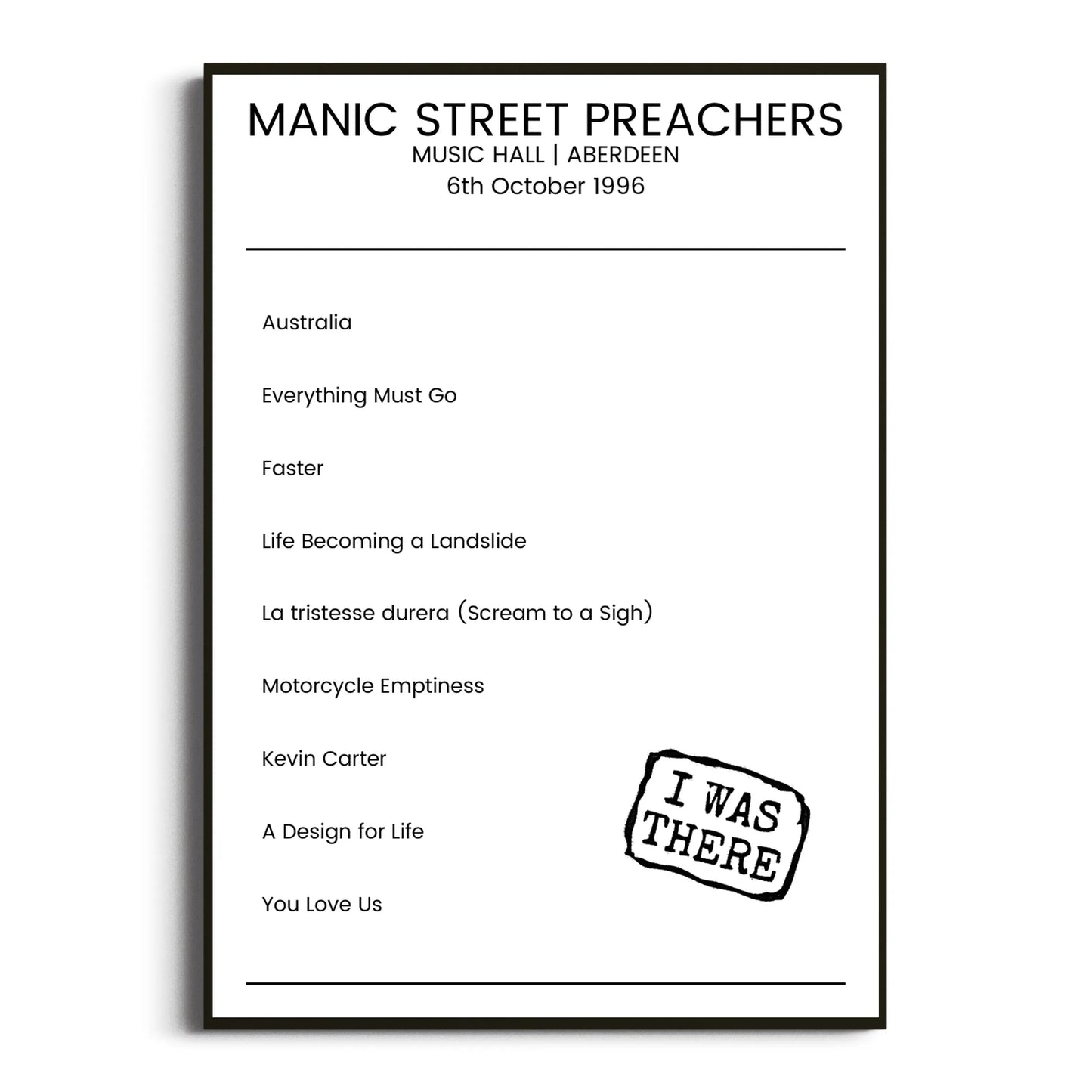 Manic Street Preachers Aberdeen 06 October 1996 Setlist Poster