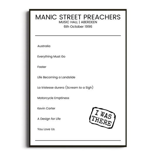 Manic Street Preachers Aberdeen 06 October 1996 Setlist Poster