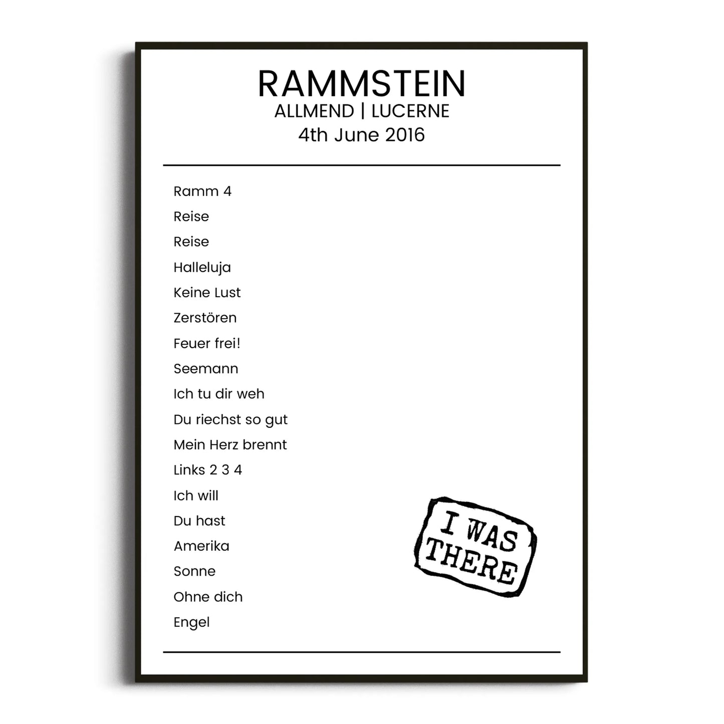 Rammstein Lucerne 04 June 2016 Setlist Poster