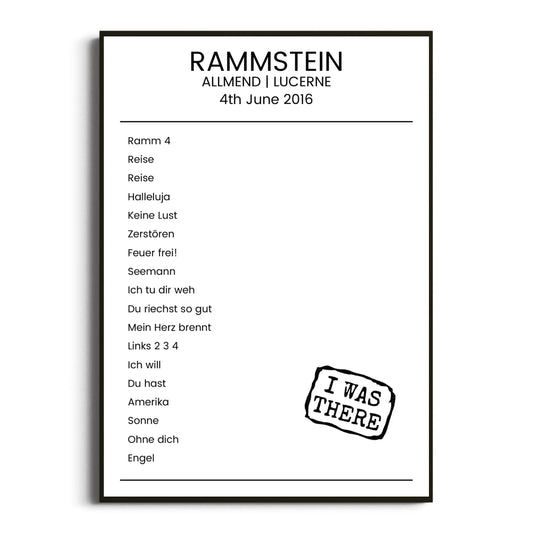 Rammstein Lucerne 04 June 2016 Setlist Poster