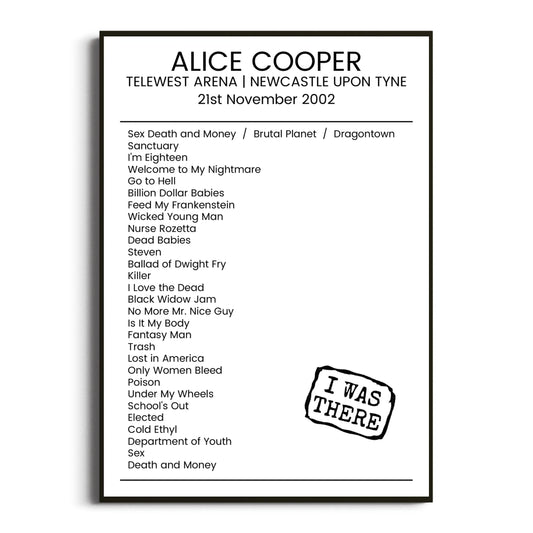 Alice Cooper Newcastle upon Tyne 21 November 2002 Setlist Poster