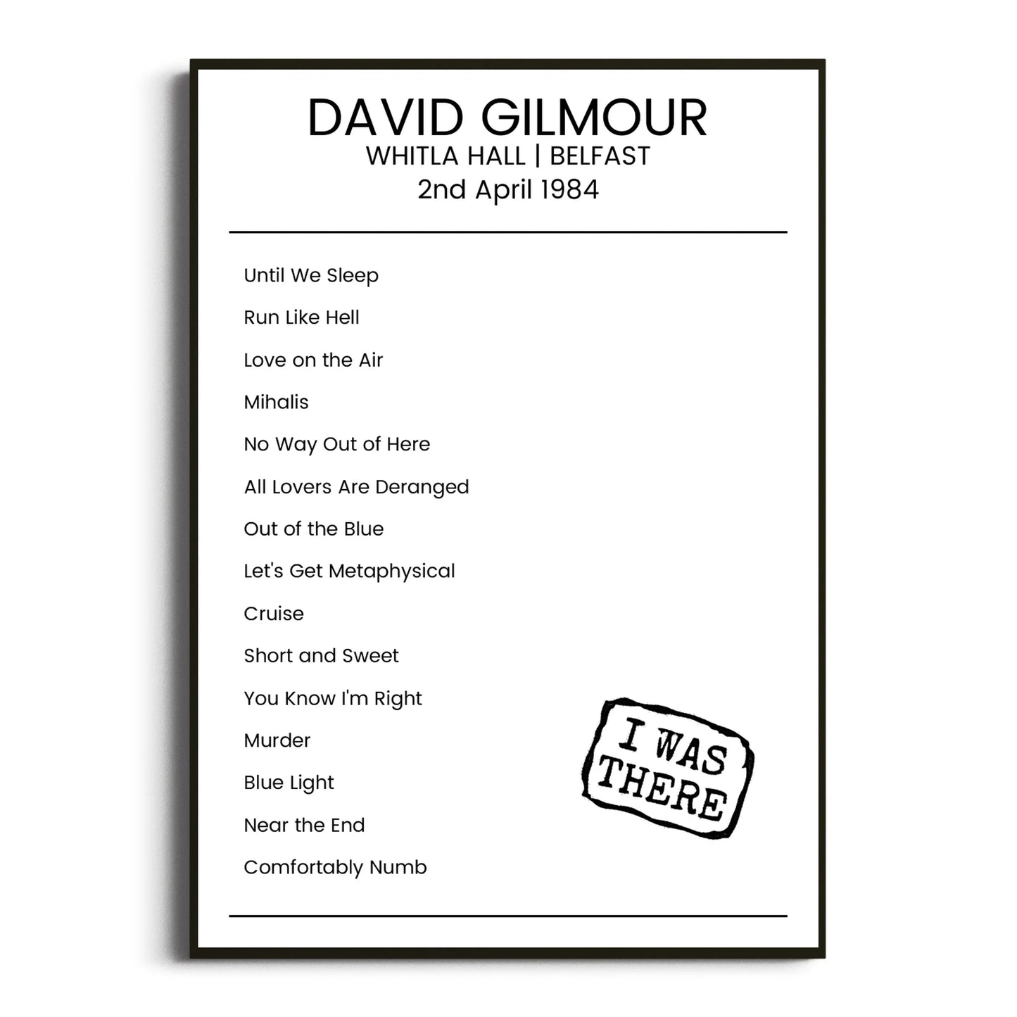 David Gilmour Belfast 02 April 1984 Setlist Poster