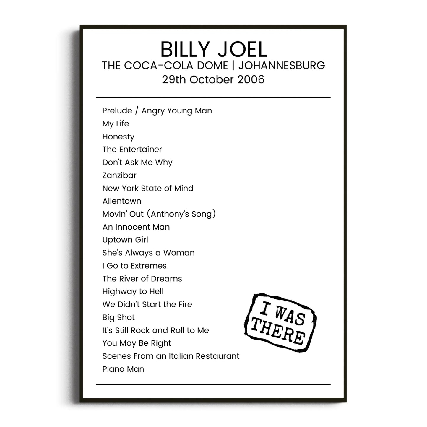 Billy Joel Johannesburg 29 October 2006 Setlist Poster