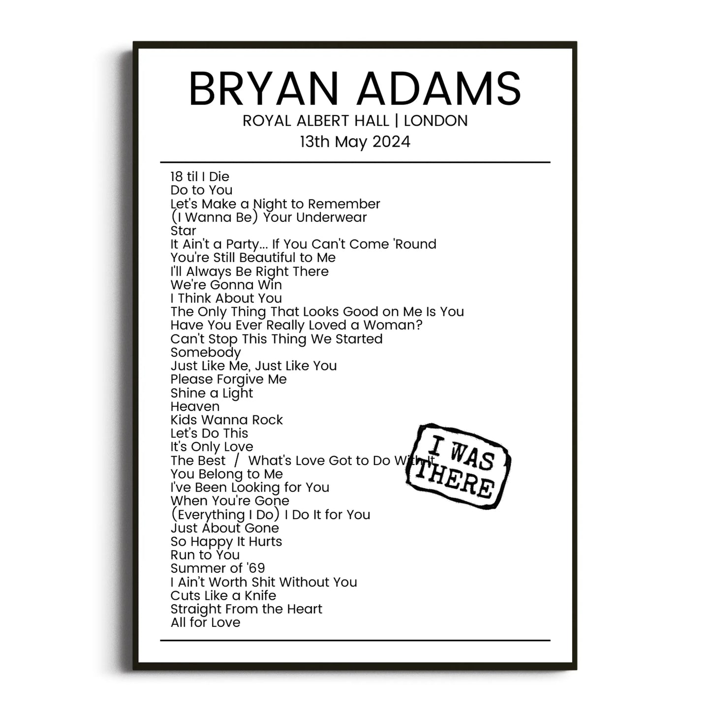 Bryan Adams London 13 May 2024 Setlist Poster