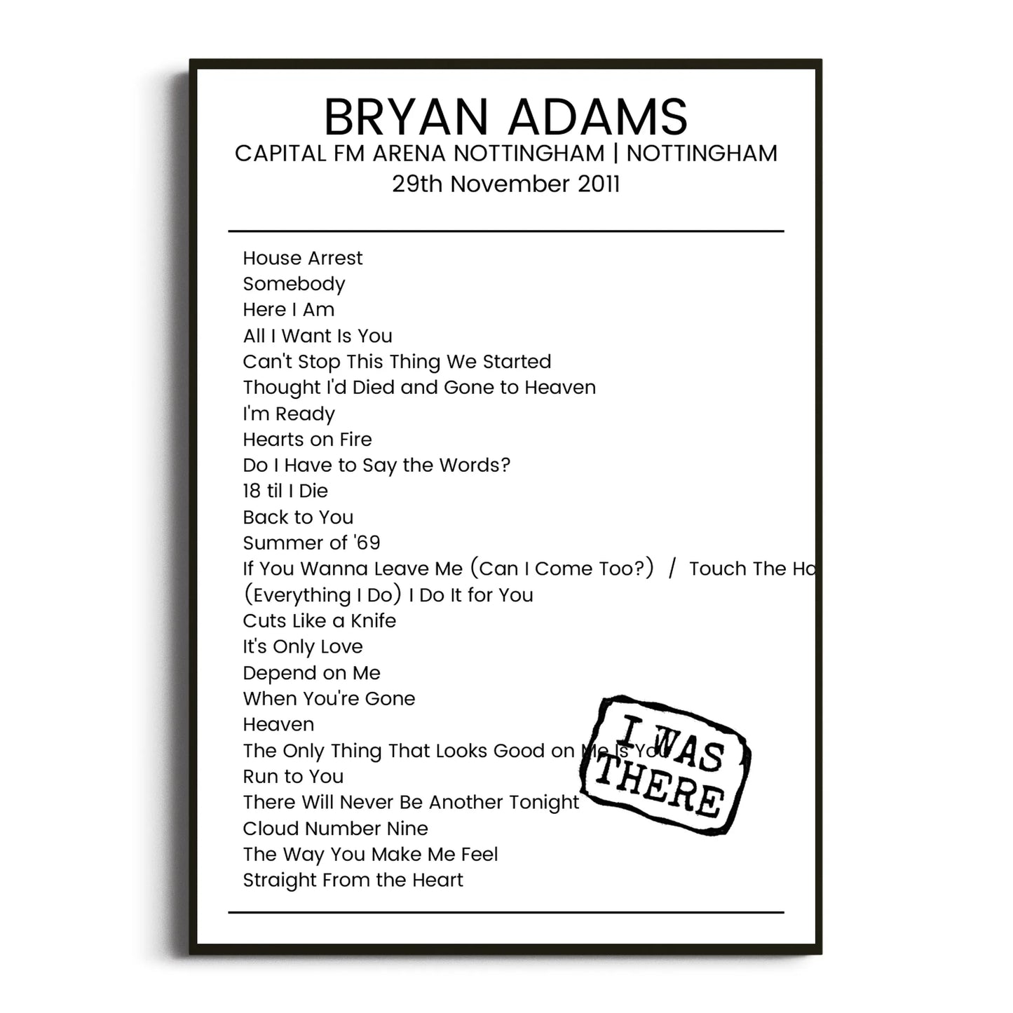 Bryan Adams Nottingham 29 November 2011 Setlist Poster