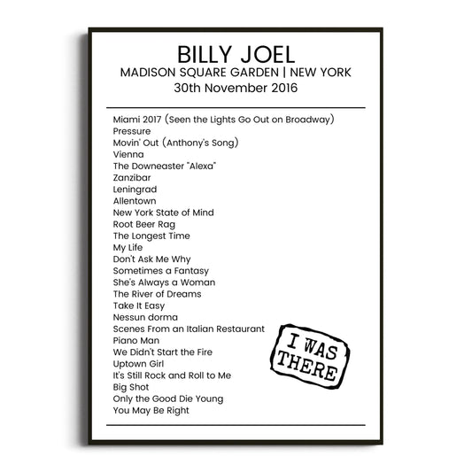 Billy Joel New York 30 November 2016 Setlist Poster