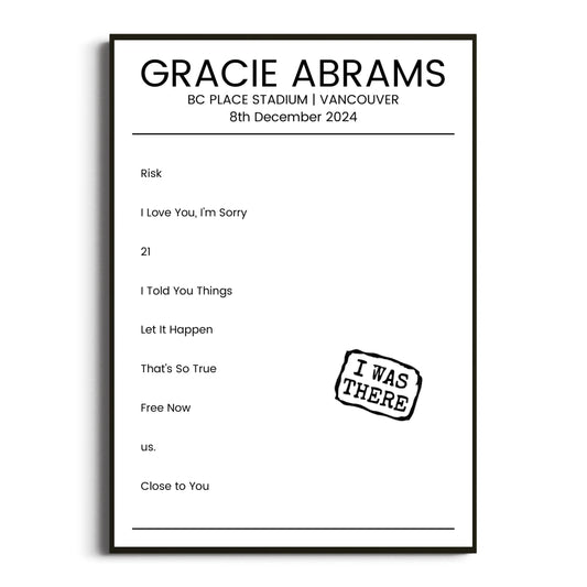 Gracie Abrams Vancouver 08 December 2024 Setlist Poster