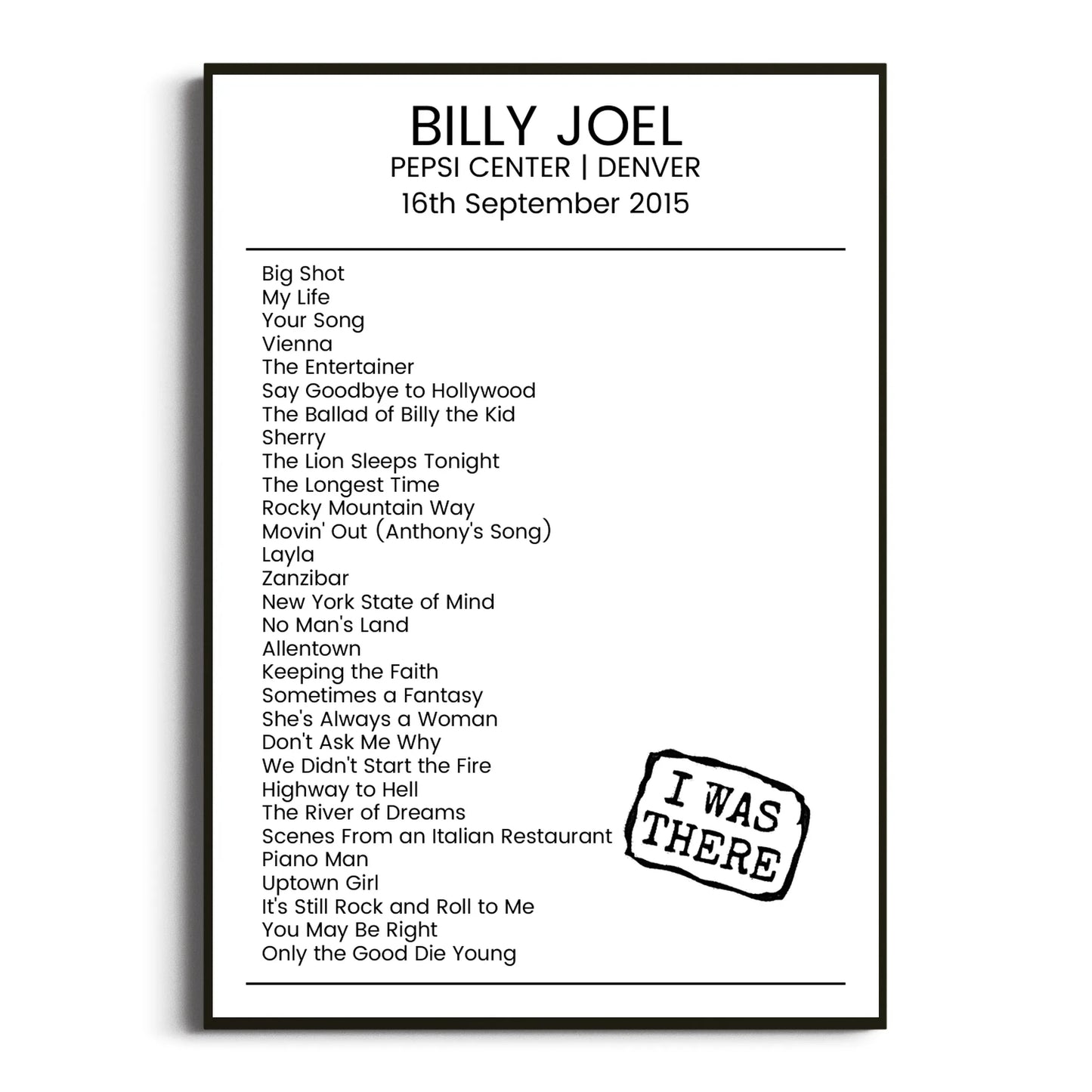 Billy Joel Denver 16 September 2015 Setlist Poster