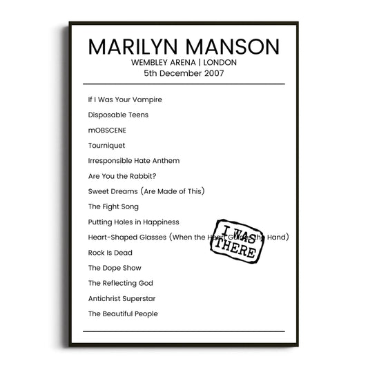 Marilyn Manson London 05 December 2007 Setlist Poster