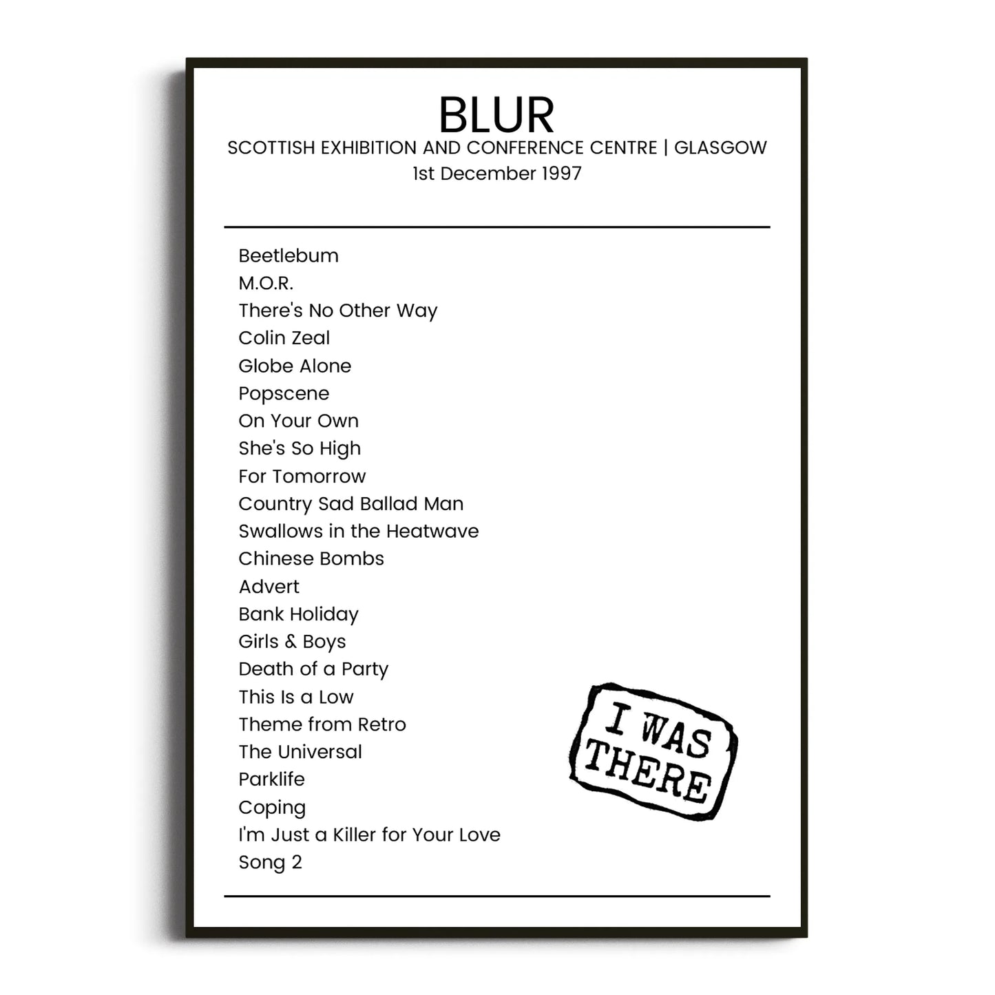 Blur Glasgow 01 December 1997 Setlist Poster