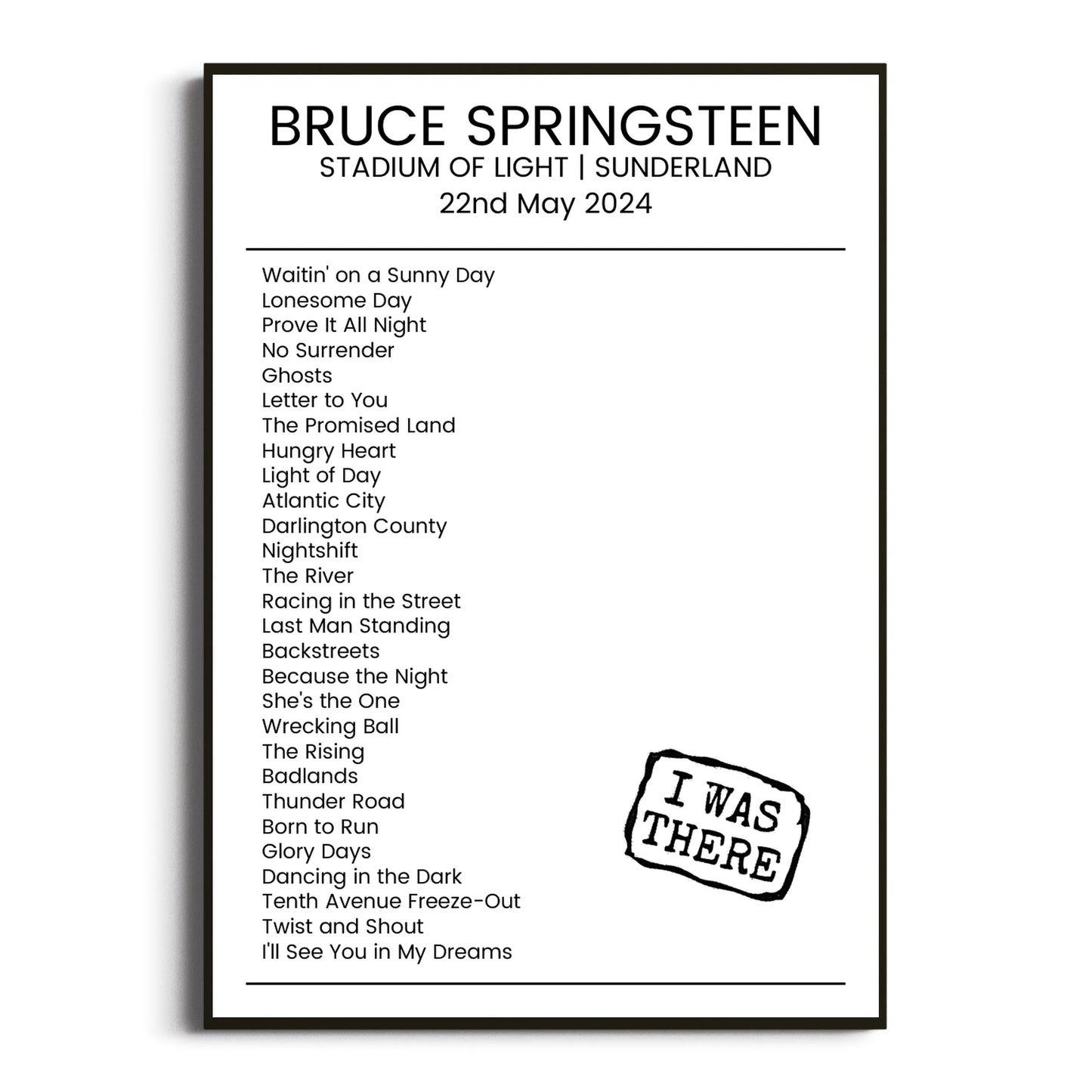 Bruce Springsteen Sunderland 22 May 2024 Setlist Poster