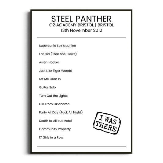 Steel Panther Bristol 13 November 2012 Setlist Poster