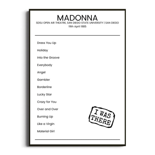 Madonna San Diego 19 April 1985 Setlist Poster