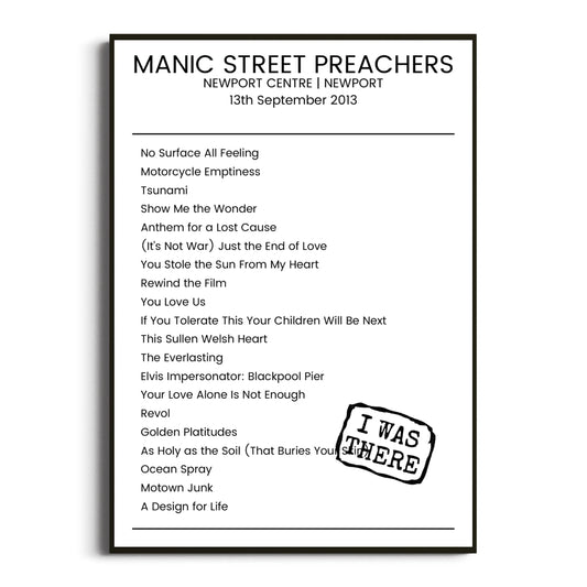 Manic Street Preachers Newport 13 September 2013 Setlist Poster