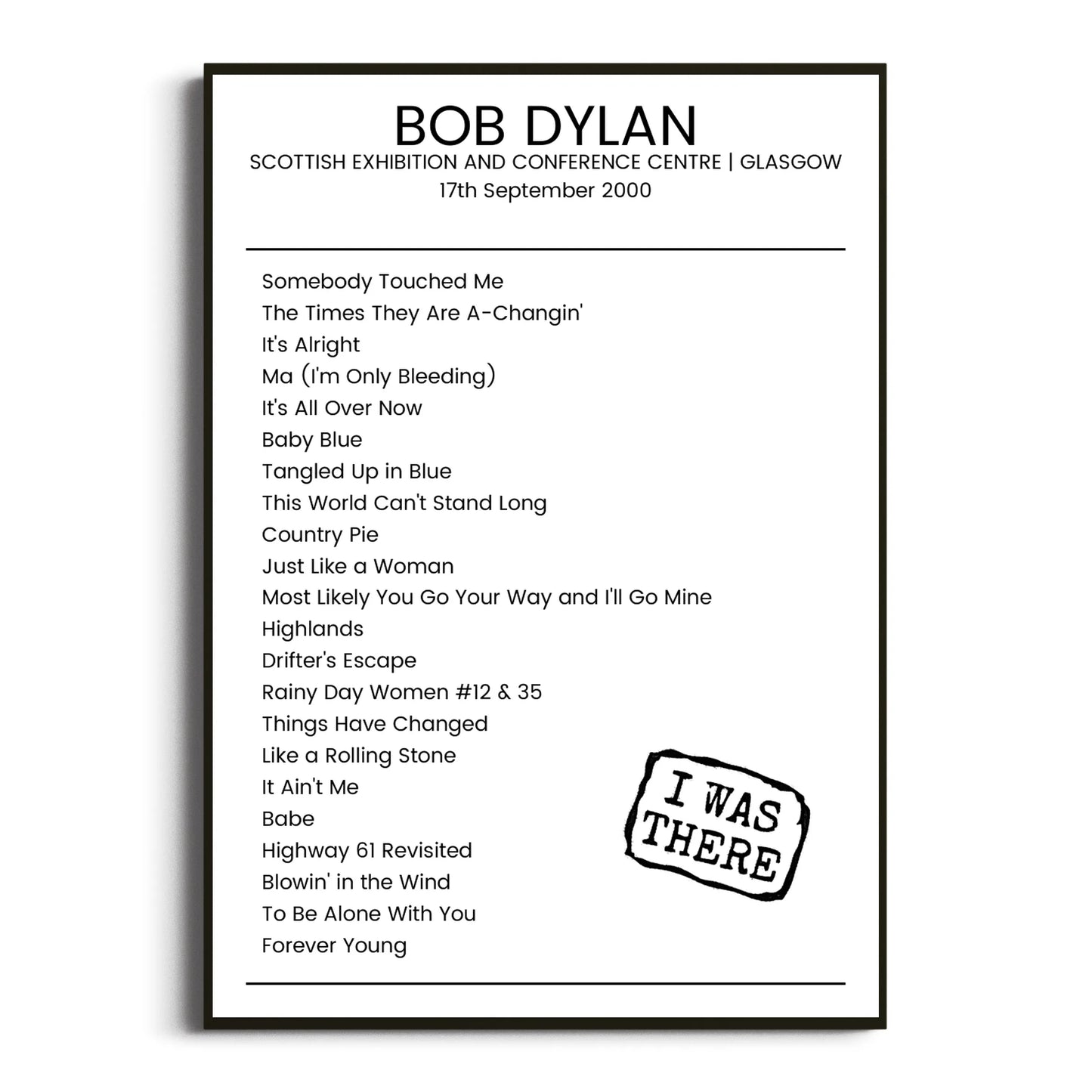 Bob Dylan Glasgow 17 September 2000 Setlist Poster