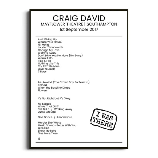 Craig David Southampton 01 September 2017 Setlist Poster