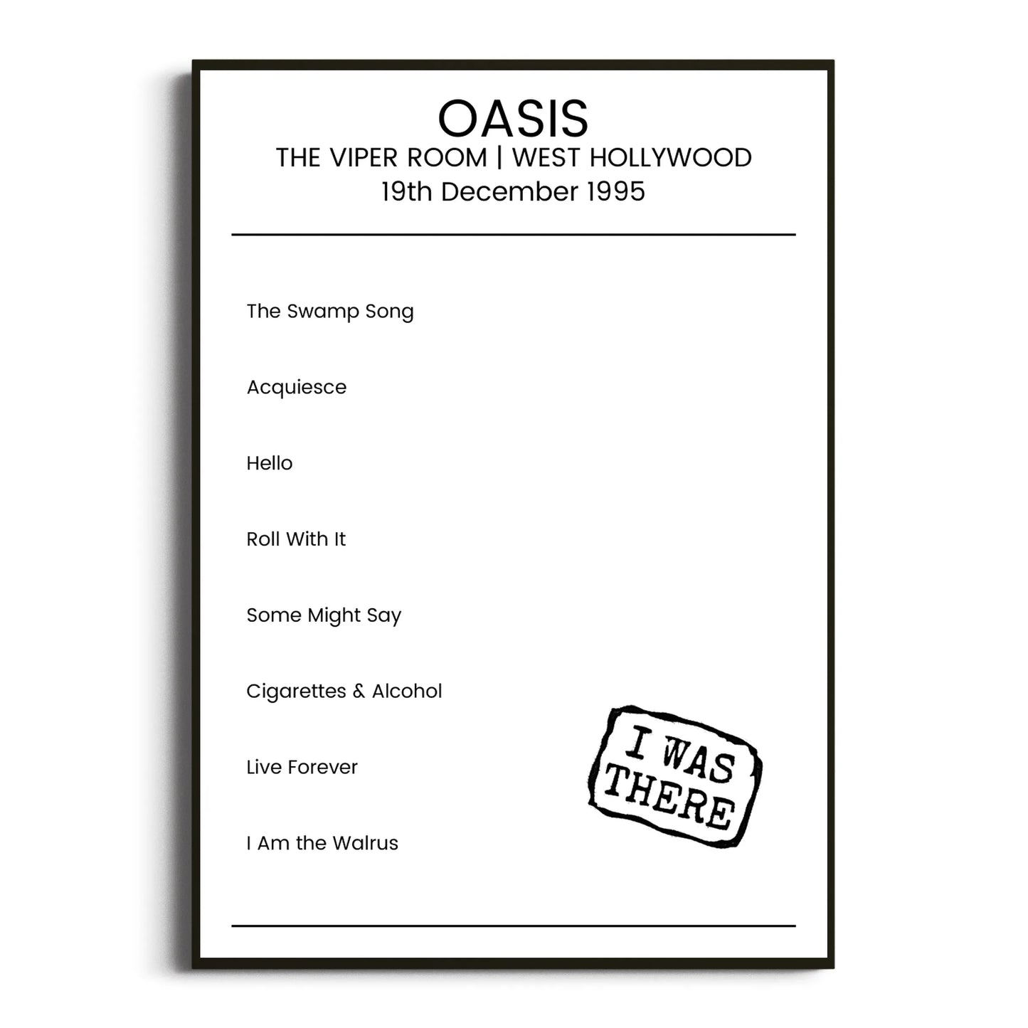 Oasis West Hollywood 19 December 1995 Setlist Poster