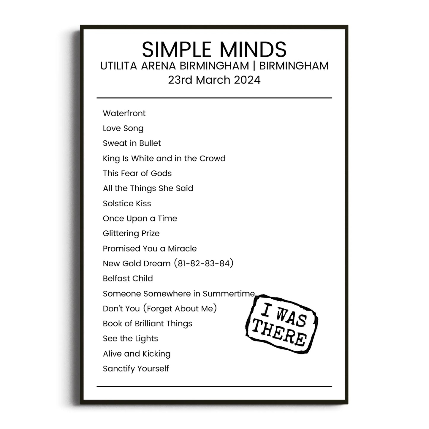 Simple Minds Birmingham 23 March 2024 Setlist Poster