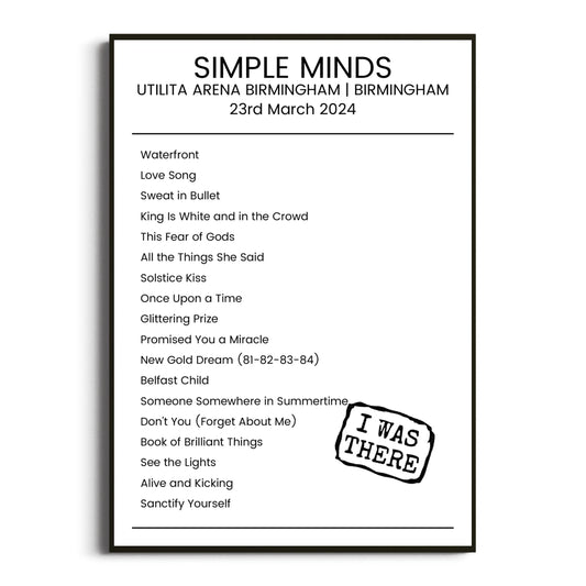 Simple Minds Birmingham 23 March 2024 Setlist Poster