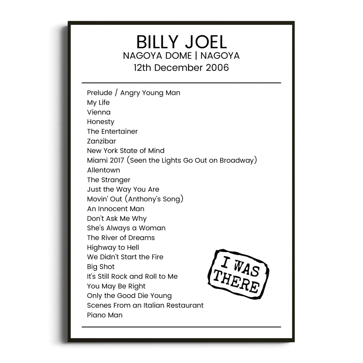 Billy Joel Nagoya 12 December 2006 Setlist Poster