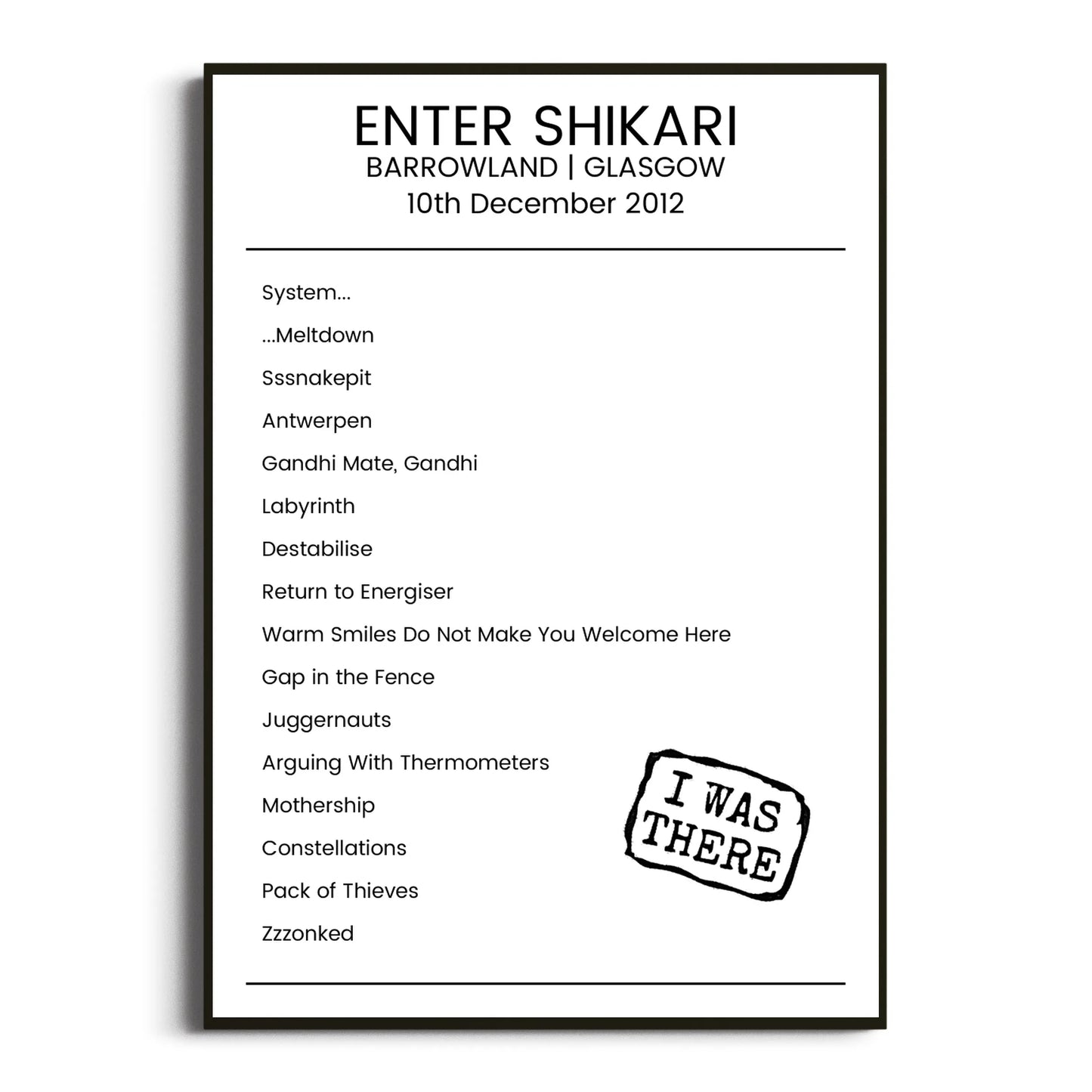 Enter Shikari Glasgow 10 December 2012 Setlist Poster