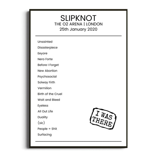 Slipknot London 25 January 2020 Setlist Poster