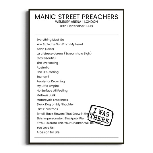 Manic Street Preachers London 16 December 1998 Setlist Poster