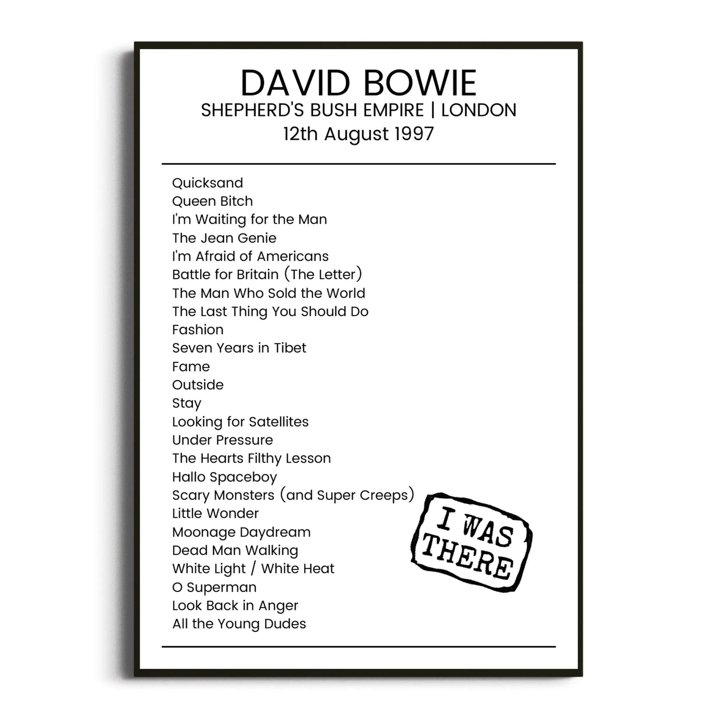 David Bowie London 12 August 1997 Setlist Poster