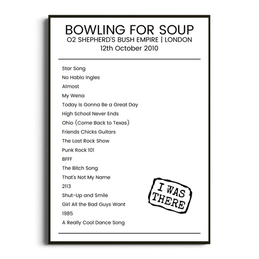 Bowling for Soup London 12 October 2010 Setlist Poster