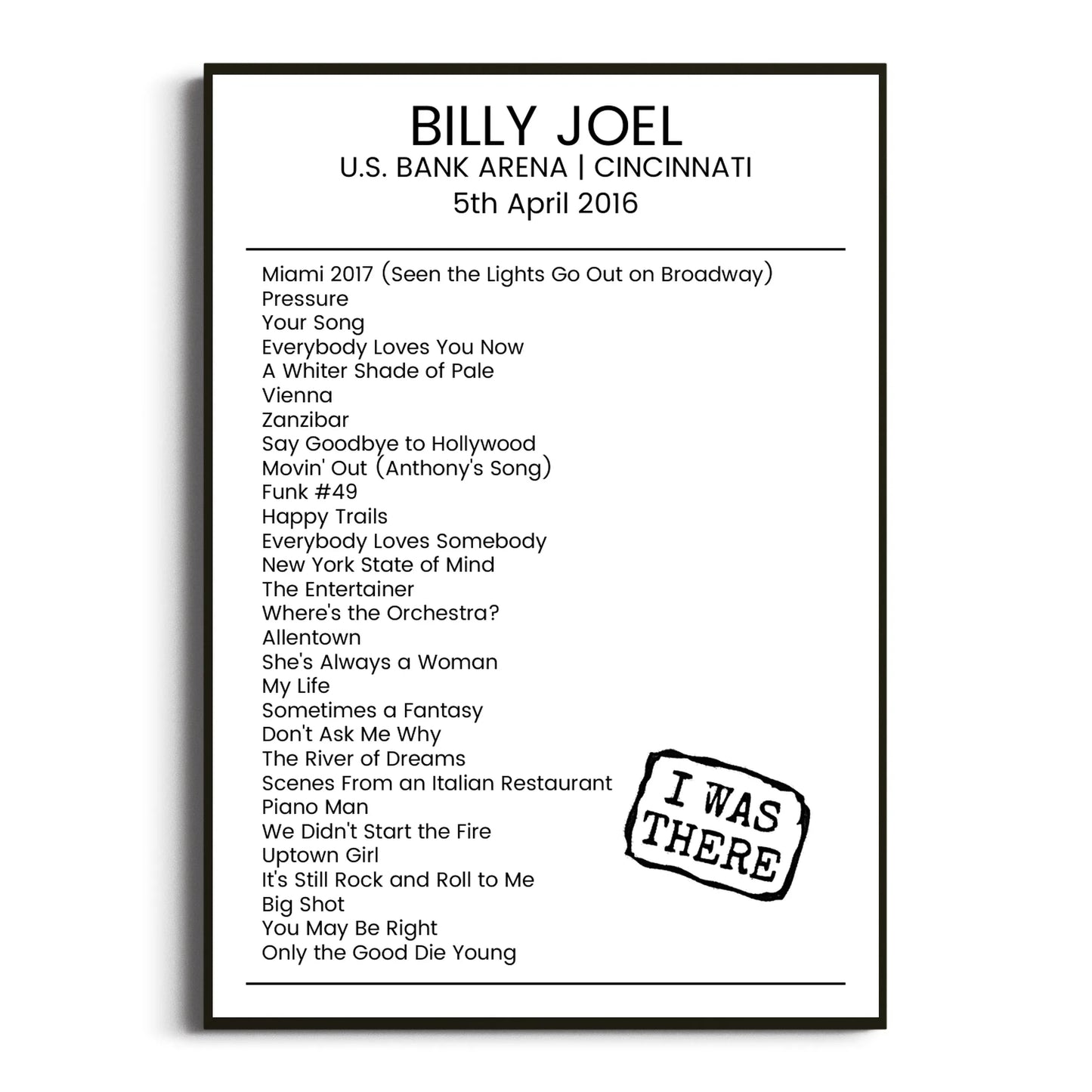 Billy Joel Cincinnati 05 April 2016 Setlist Poster