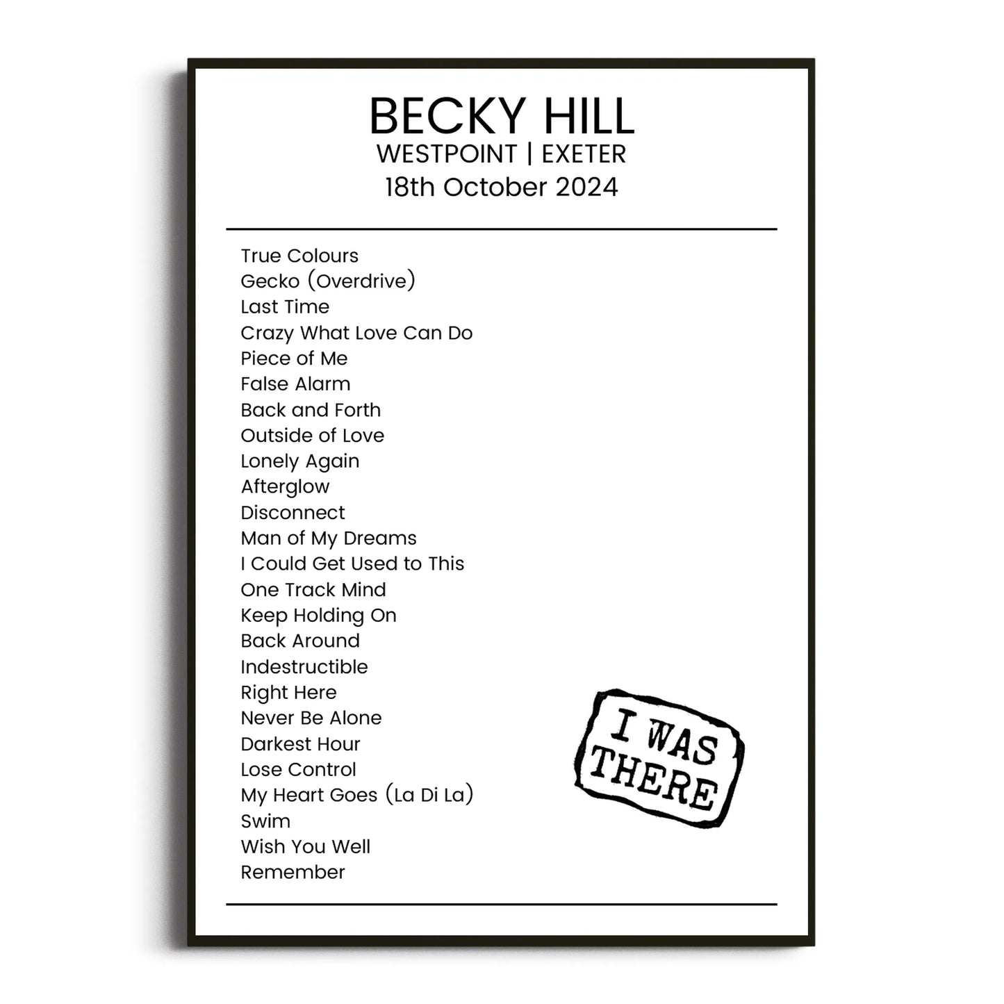 Becky Hill Exeter 18 October 2024 Setlist Poster