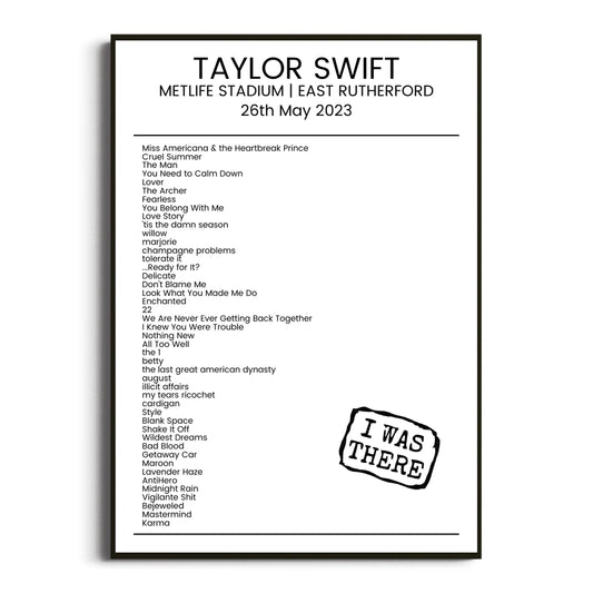 Taylor Swift East Rutherford 26 May 2023 Setlist Poster