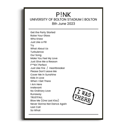 P!nk Bolton 08 June 2023 Setlist Poster