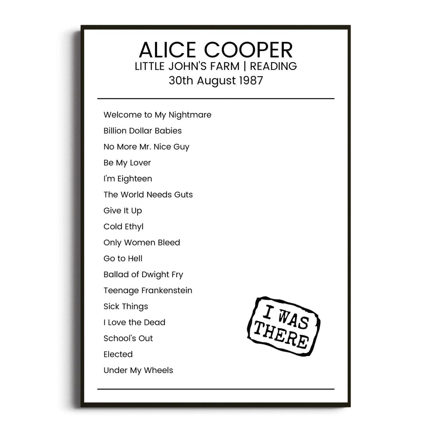 Alice Cooper Reading 30 August 1987 Setlist Poster