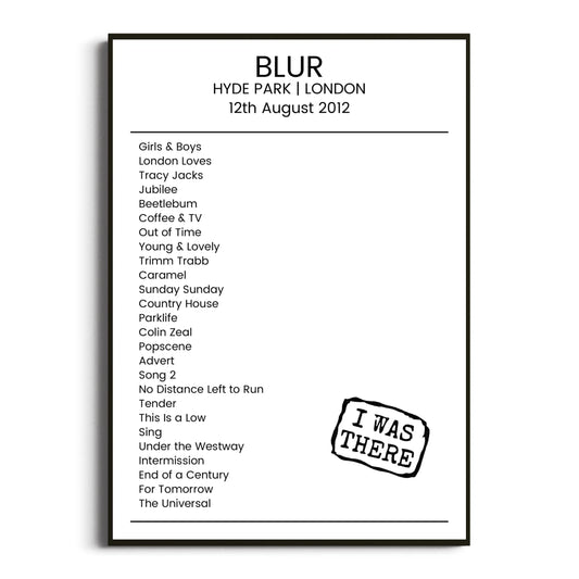 Blur London 12 August 2012 Setlist Poster