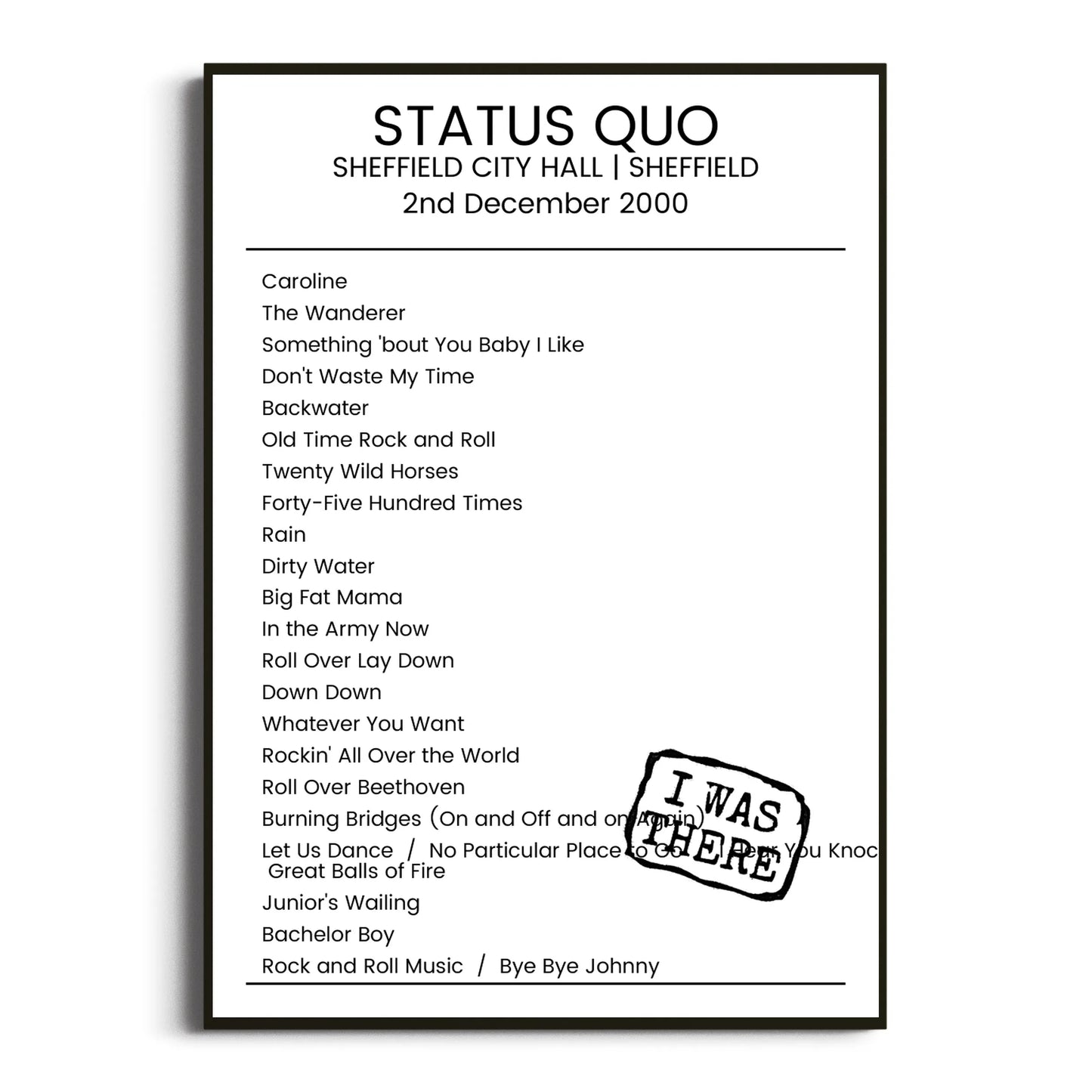 Status Quo Sheffield 02 December 2000 Setlist Poster