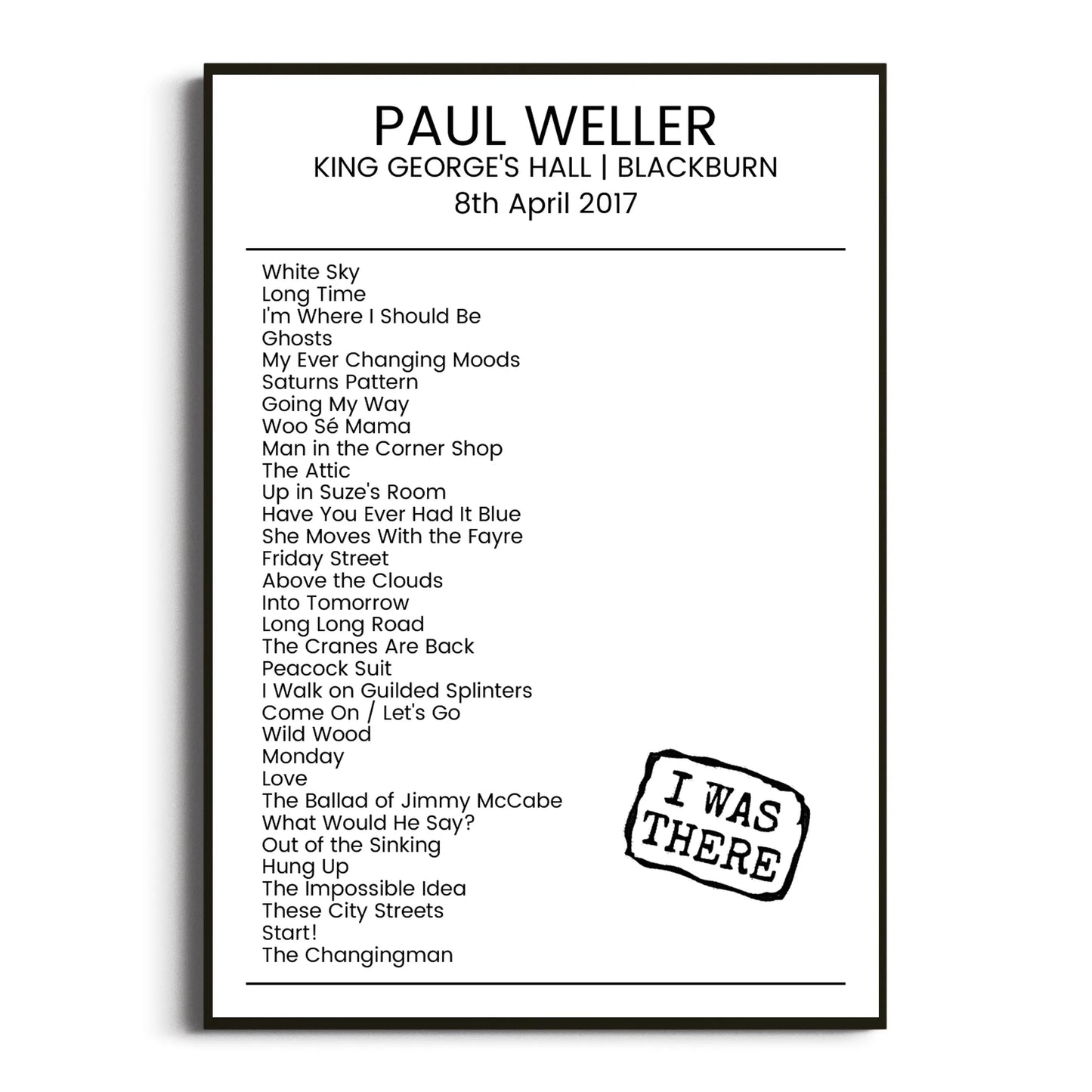 Paul Weller Blackburn 08 April 2017 Setlist Poster