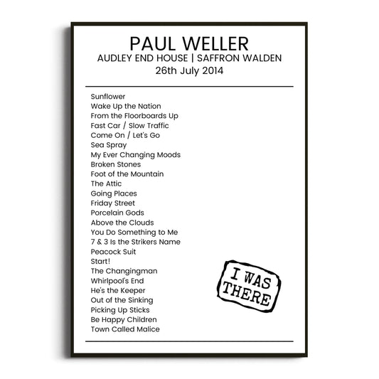 Paul Weller Saffron Walden 26 July 2014 Setlist Poster