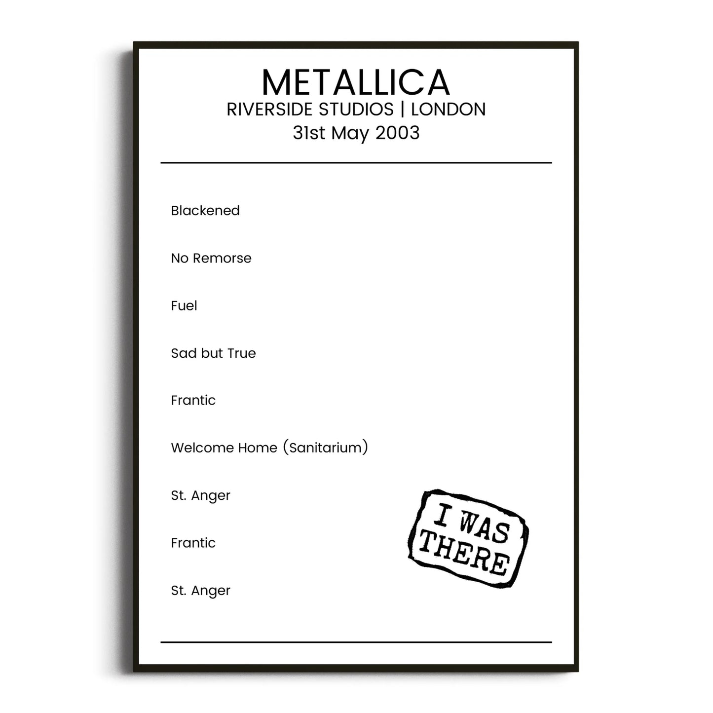 Metallica London 31 May 2003 Setlist Poster