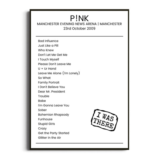 P!nk Manchester 23 October 2009 Setlist Poster