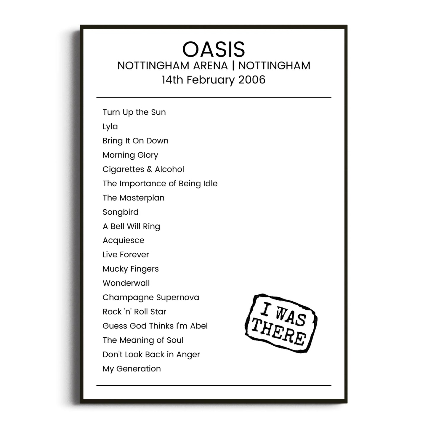 Oasis Nottingham 14 February 2006 Setlist Poster