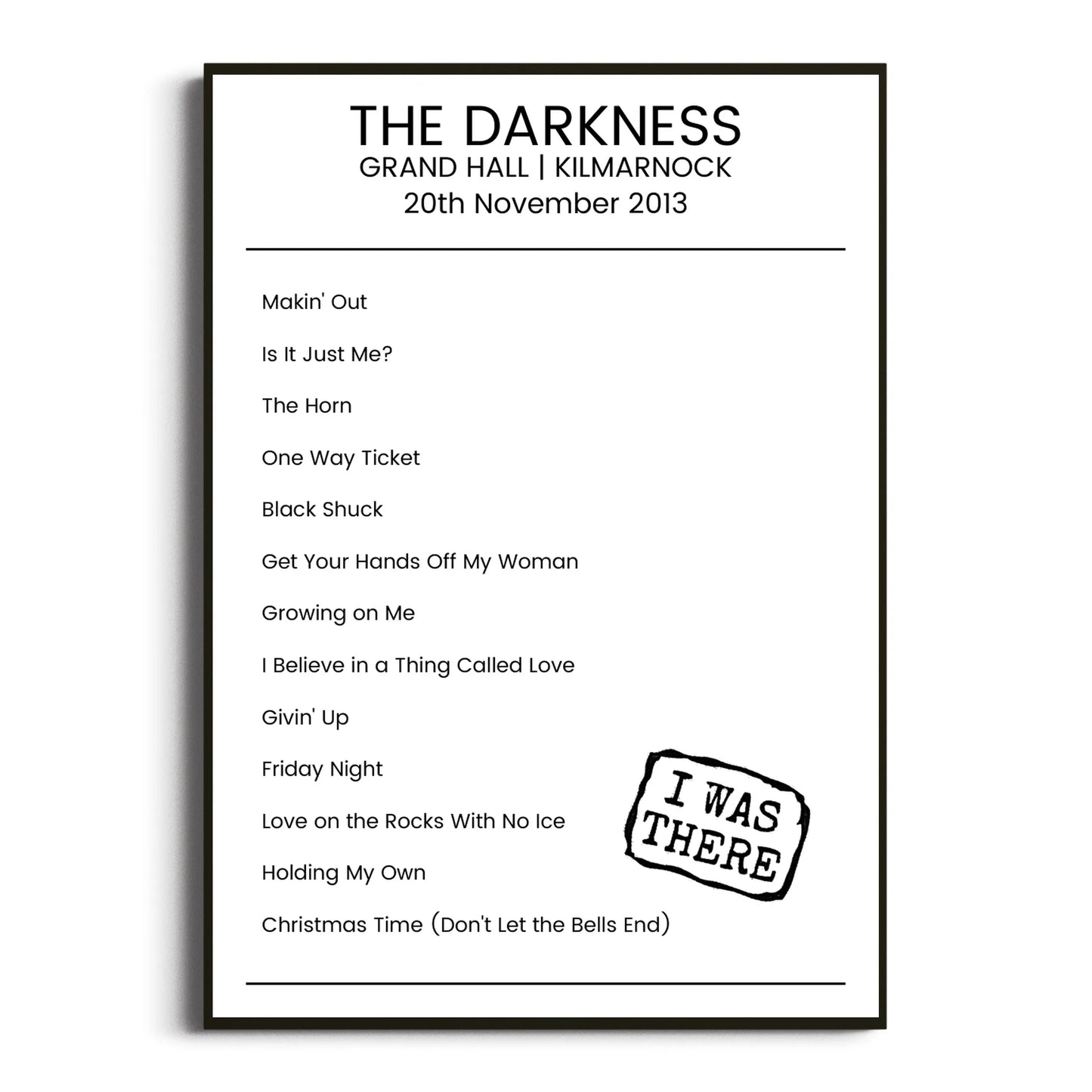 The Darkness Kilmarnock 20 November 2013 Setlist Poster