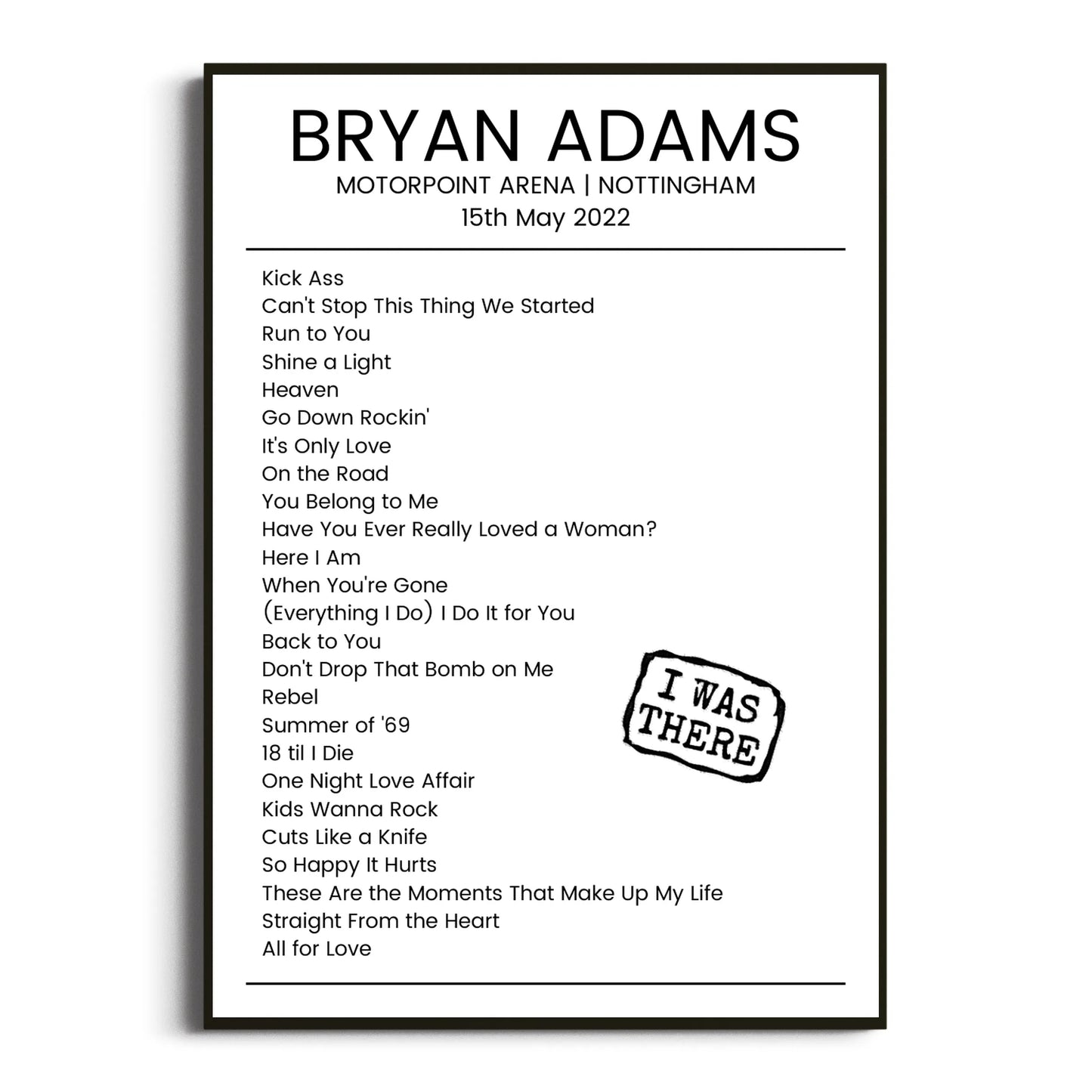 Bryan Adams Nottingham 15 May 2022 Setlist Poster