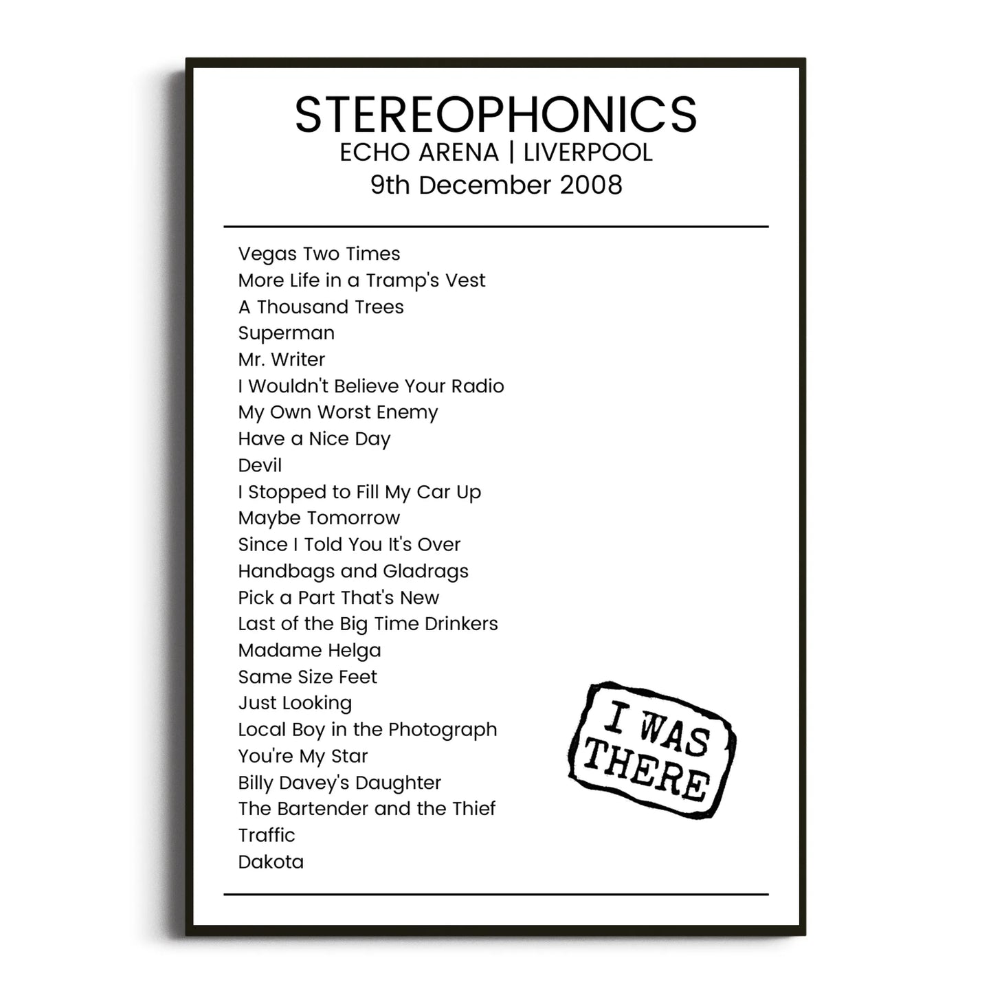 Stereophonics Liverpool 09 December 2008 Setlist Poster