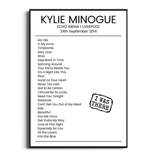 Kylie Minogue Liverpool 24 September 2014 Setlist Poster