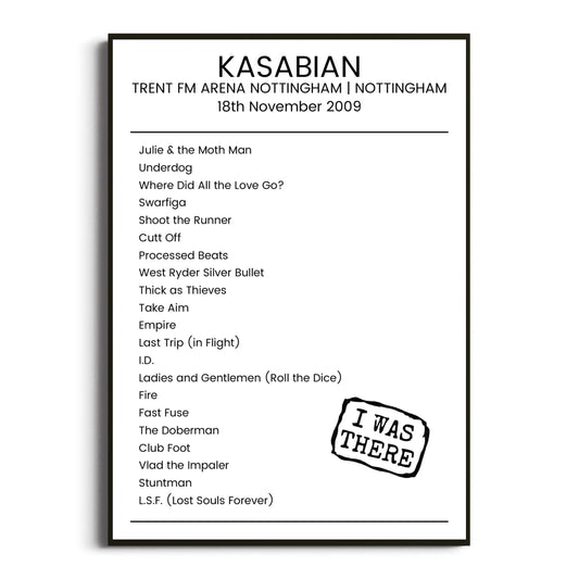 Kasabian Nottingham 18 November 2009 Setlist Poster